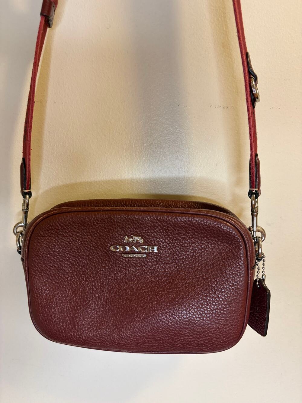 COACH Mini Jamie Camera Bag, Silver/ Wine Multi Crossbody Pebble Leather Handbag